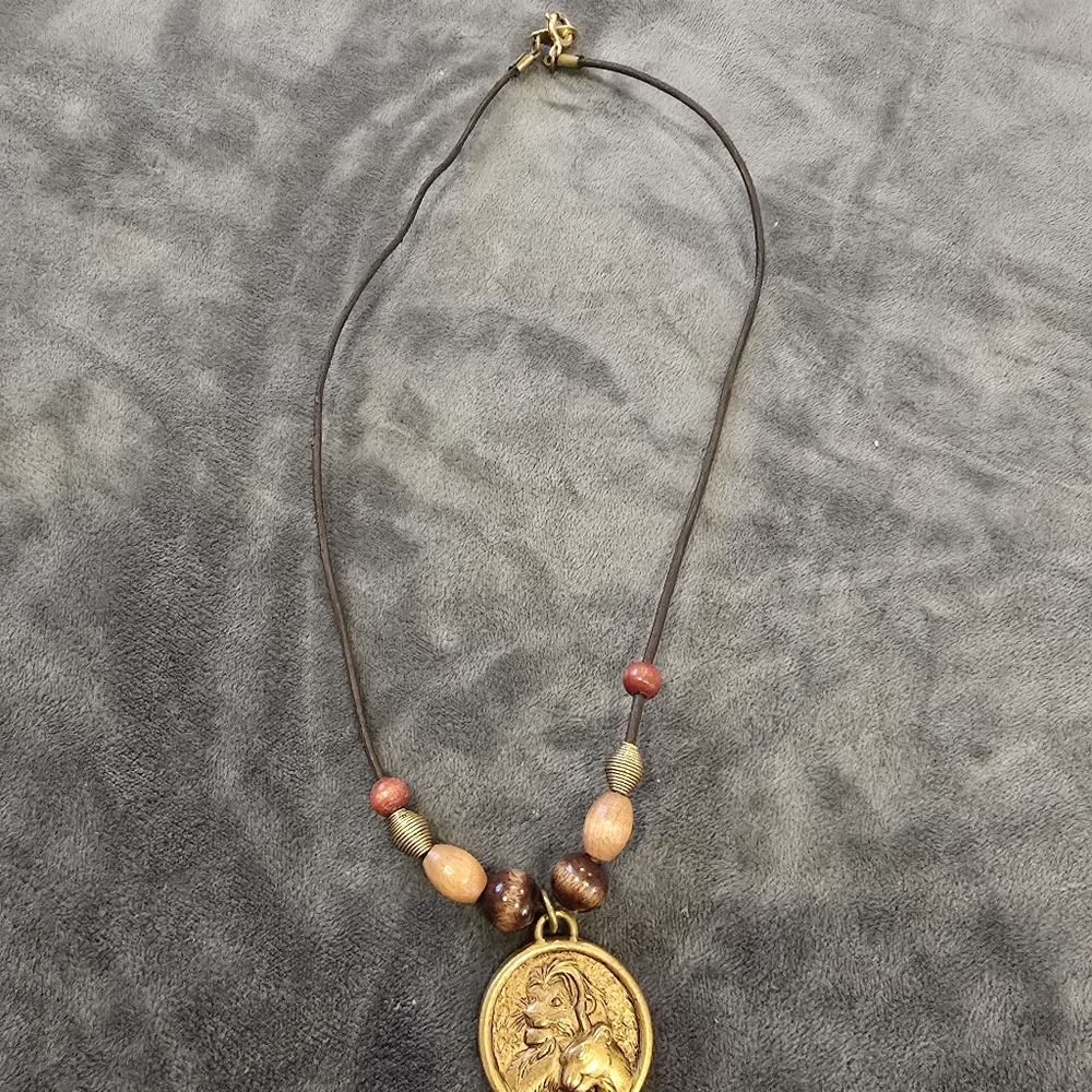 Vintage 90s The Lion King Necklace Simba & Nala Wood Beads Leather Cord